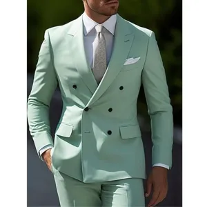 Men's mint green double breasted suit jacket and trousers set for business and formal events.