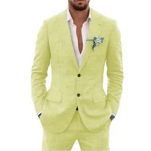 Close-up detail of the men's casual light yellow two-piece slim fit suit jacket.