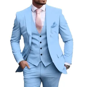 Men's light blue 3-piece slim suit set, includes blazer, vest, and trousers for formal events.