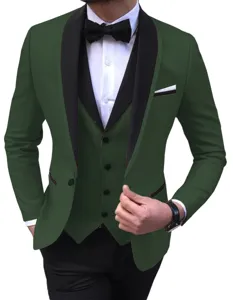 Detailansicht der dunkelgrünen schmalen Herrenanzugjacke mit eleganter schwarzem Revers.
