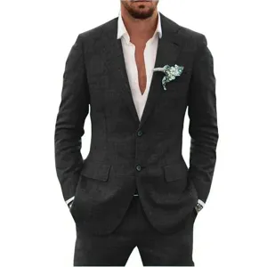 Men slim fit dark grey two piece suit business casual blazer trousers formal wear outfit