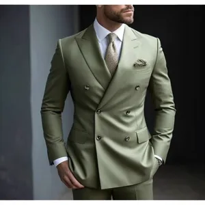 Men's olive green double breasted suit two piece business wedding party formal blazer set
