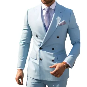 Light blue double breasted men suit two piece business casual British style main.