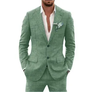 Men's light green two-piece casual suit slim fit business blazer and trousers set for men.