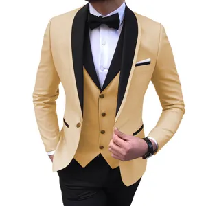 Herren Slim Fit 3-teiliger Kontrast Revers Anzug Business Hochzeit Blazer Set Pro