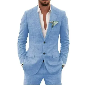 Men's casual slim fit two-piece suit set, light blue blazer and trousers for business and party.