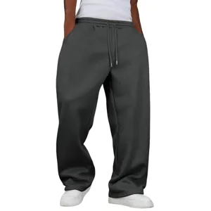 Casual loose fleece lined straight wide leg sweatpants in dark gray for men and women daily wear.