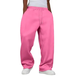 Pink fleece-lined wide-leg sweatpants, casual loose fit with drawstring waist details.