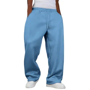 Detailed view of casual fleece-lined straight wide-leg sweatpants in light blue with drawstring.