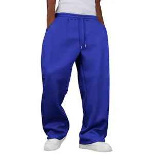 Casual loose fleece-lined straight wide-leg sweatpants for men and women, solid color design.