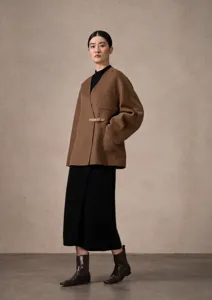 Elegant women double faced wool silk cashmere short coat wrap belted jacket autumn winter