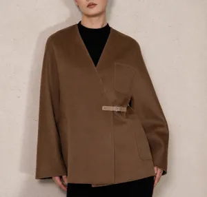 Brown double-faced short wool wrap coat for women with V-neck and stylish waist belt.