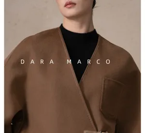 Women double faced cashmere wool short coat wrap V neck belted jacket autumn winter