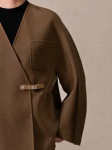 Women short double faced cashmere coat V neck wrap design belted winter jacket detail view.