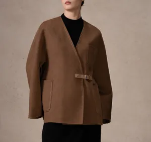 Women's cashmere wrap coat V-neck short wool blend jacket with stylish leather belt detail