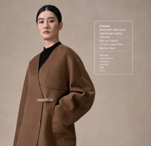 Cashmere silk wrap coat detail, V-neck crossover waist belt design, elegant luxury women winter wear.