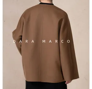 Women short wool blend coat solid brown casual autumn winter outerwear jacket elegant stylish apparel