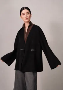 Short double-faced cashmere silk coat for women, elegant black V-neck jacket with belt.