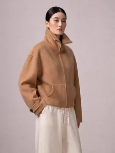 Women luxurious cashmere silk short coat autumn winter high collar zipper jacket outerwear