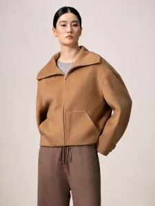 Women's short cashmere zip coat casual stylish camel lapel jacket autumn winter fashion