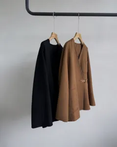 Double-faced wool short coat for women, elegant V-neck wrap design with waist belt.