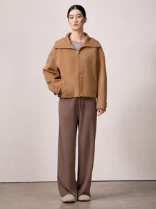 Women's cashmere silk short zip coat and trousers set, casual luxury autumn winter outfit.