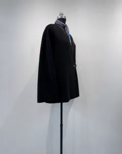 Black wool cashmere blend short cape coat with V-neck wrap design and waist belt for women.