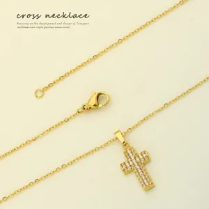 Goldener Titanstahl Zirkon Kreuz Halskette Anhänger für Damen elegante Schlüsselbeinkette