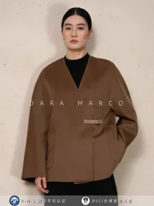 Women's V-Neck Cashmere Wool Silk Blend Double-Sided Short Coat Wrap Belted Commuter Outerwear Jacket Top