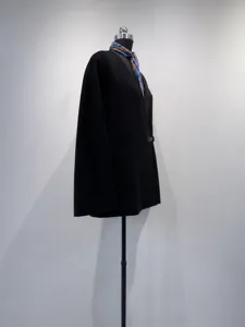 Black cashmere silk short cape coat for women, elegant V-neck wrap design with stylish scarf.