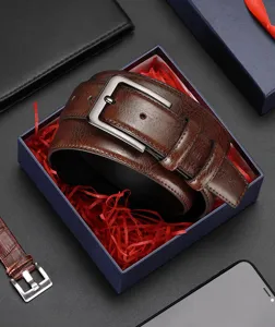 Classic brown leather belt for men featuring a stylish metal pin buckle packed in a gift box.