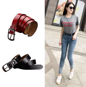 Women genuine leather belt casual metal pin buckle stylish classic black and red detail view
