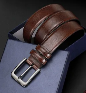 Classic men's brown PU leather belt with metal pin buckle, vintage business casual design.