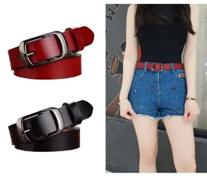 Women genuine leather belt detail view showcasing classic pin buckle and smooth texture finish.
