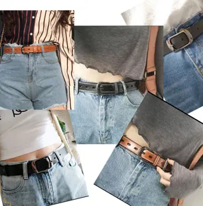 Stylish women's leather belt with pin buckle, casual everyday wear accessory for jeans.