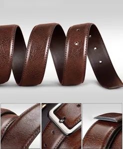 Classic men's brown vintage leather belt with durable metal buckle and fine texture detail.