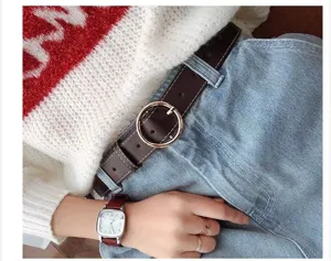Women fashion leather belt with round gold buckle versatile casual waist belt for jeans