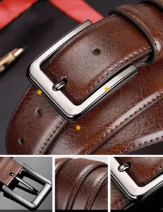 Detail shot of men's brown leather belt with brushed metal buckle and fine stitching texture.