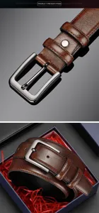 Men's vintage brown leather belt featuring metal pin buckle and elegant gift box packaging