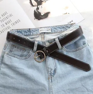 Women fashion leather belt with round metal buckle simple casual jeans belt for daily wear