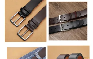 Men's leather belt detail view showcasing classic alloy pin buckle and durable strap design.