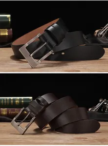 Men's casual leather belt with metal pin buckle, classic split cowhide detail view.