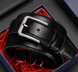Men's black leather belt detailed view showing metal pin buckle and premium gift box packaging.
