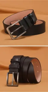 Men's retro PU leather casual belt with square pin buckle and double loops detail.