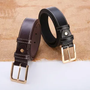 Detailed view of classic leather belt with golden metal buckle and contrast stitching.