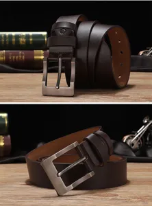 Men casual brown leather belt with matte silver pin buckle, durable daily waistband for men.
