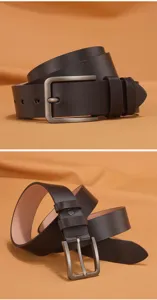 Men's retro PU leather belt with metal pin buckle, casual trouser belt in deep brown color.