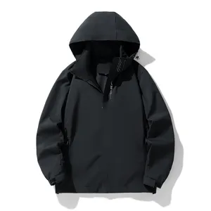 Men black hooded windbreaker outdoor sports hiking jacket casual solid color thin coat