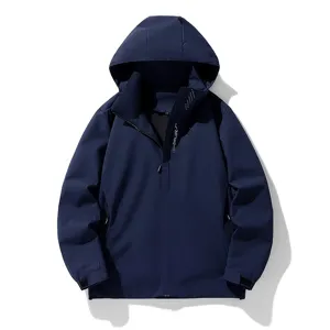 Men's solid dark blue hooded outdoor windbreaker jacket, lightweight hiking sportswear coat.
