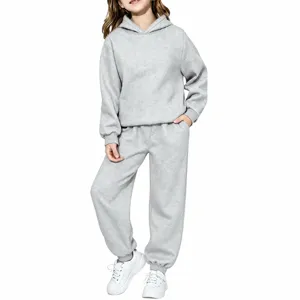 Ensemble survêtement polaire enfant couleur unie sweat à capuche gris sport décontracté automne.